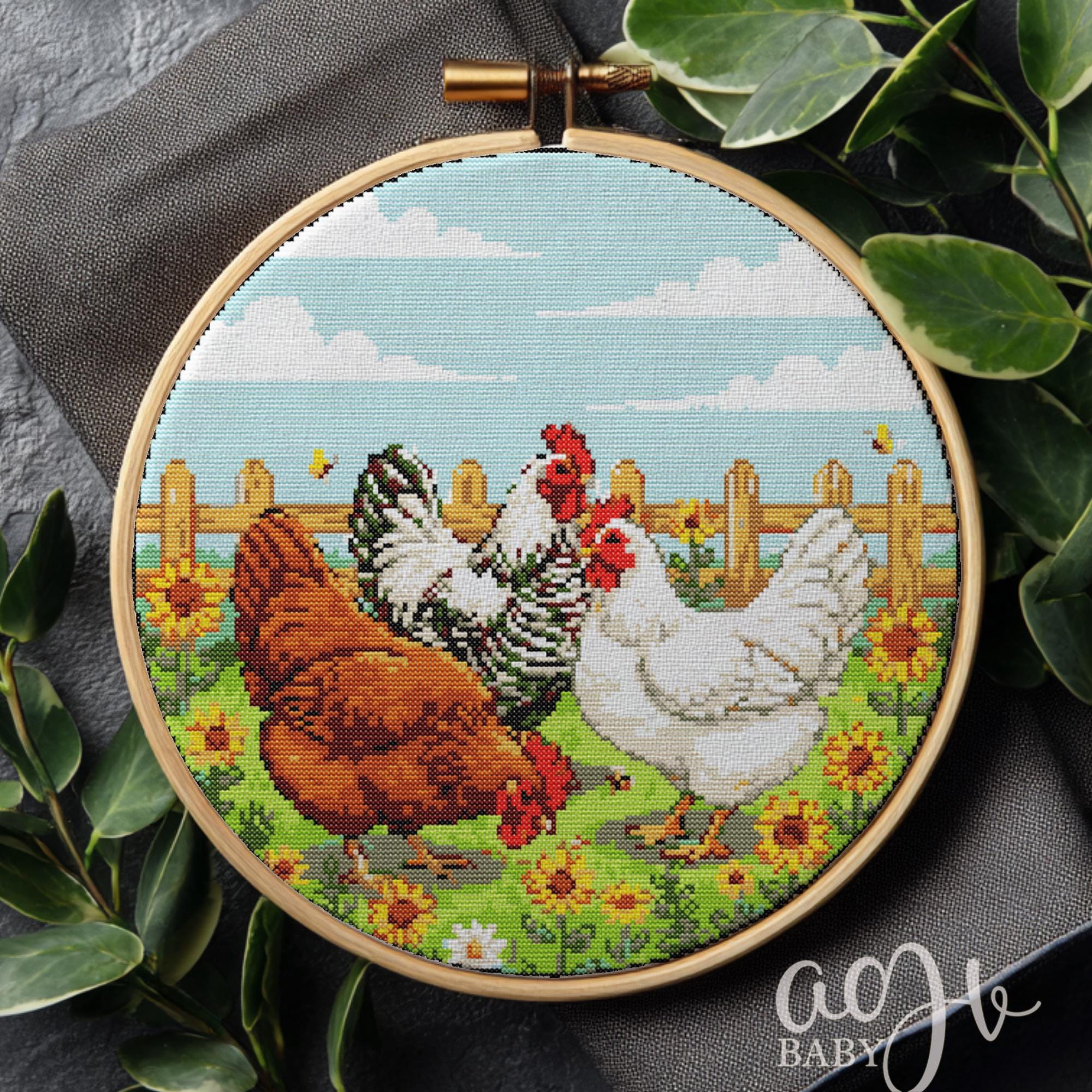 鶏のクロスステッチ図案、鶏のクロスステッチ手刺繍、鶏のクロス