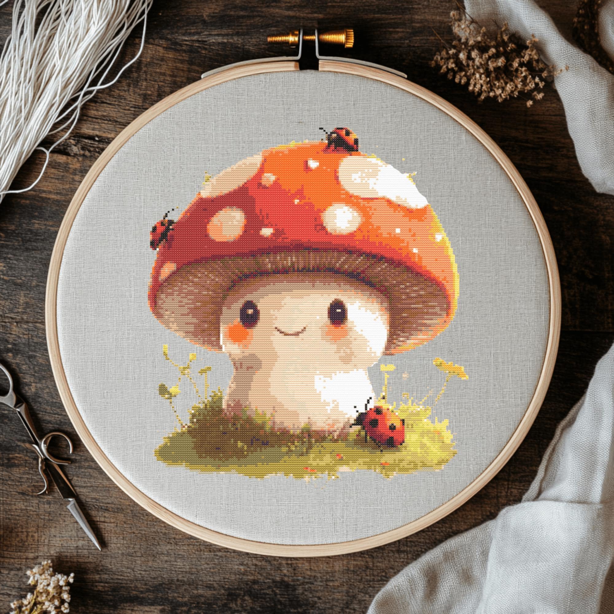 かわいいキノコのクロスステッチパターン、赤いキノコの手刺繍（PDF