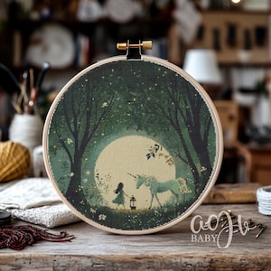 Night Season Cross Stitch Pattern, Girl and Unicorn Cross Stitch PDF, Cross Stitch Animal, Punto De Cruz, Cross Stitch Kit Template