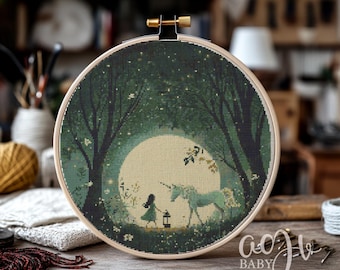 Night Season Cross Stitch Pattern, Girl and Unicorn Cross Stitch PDF, Cross Stitch Animal, Punto De Cruz, Cross Stitch Kit Template