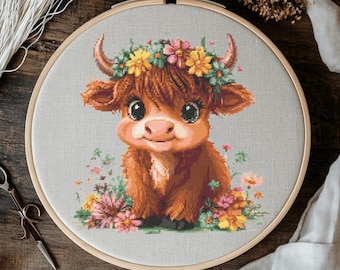 Highland Cow Cross Stitch Pattern,  Highland Hiver Cross Stitch PDF,  Point De Croix, Home Decor, Wall Art