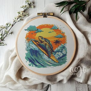 May include: A cross-stitch pattern of a turtle surfing on a wave with a sunset in the background. The turtle is green and brown, and the wave is blue and green. The sunset is orange and yellow.