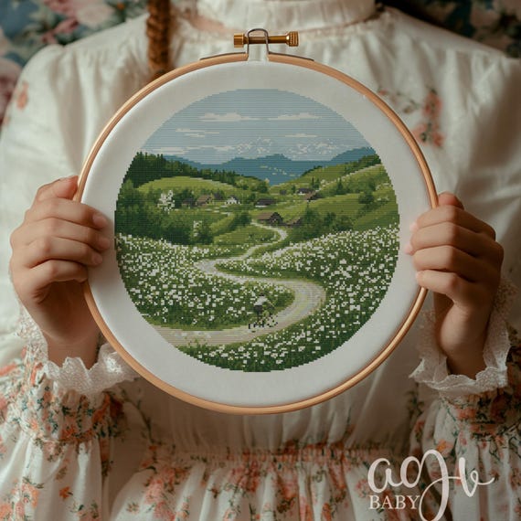 Peaceful Countryside Cross Stitch Pattern, Cottage Core Cross