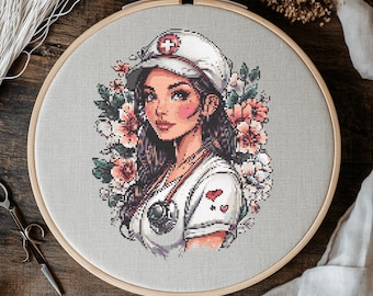May include: A cross-stitch pattern of a female nurse wearing a white cap and uniform with a red cross on it. She has long dark hair and is surrounded by pink flowers.