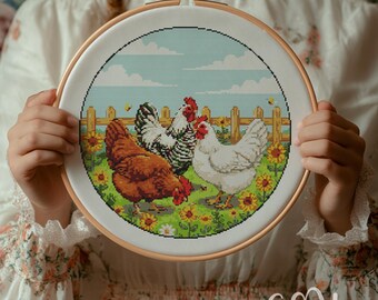 鶏のクロスステッチ図案、鶏のクロスステッチ手刺繍、鶏のクロス