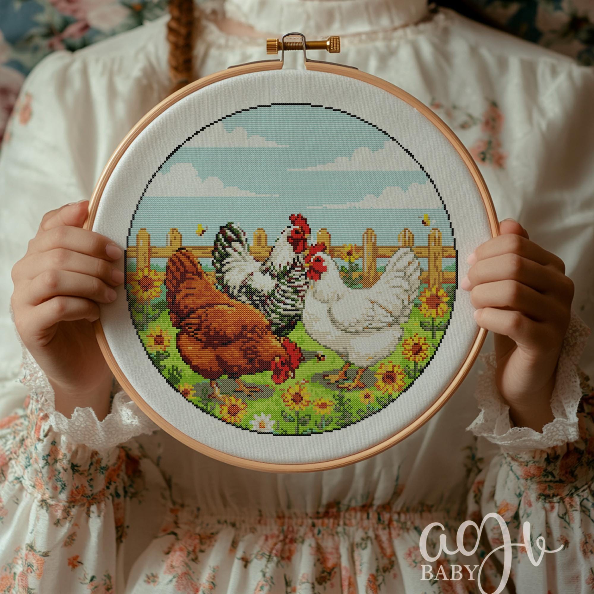 鶏のクロスステッチ図案、鶏のクロスステッチ手刺繍、鶏のクロス