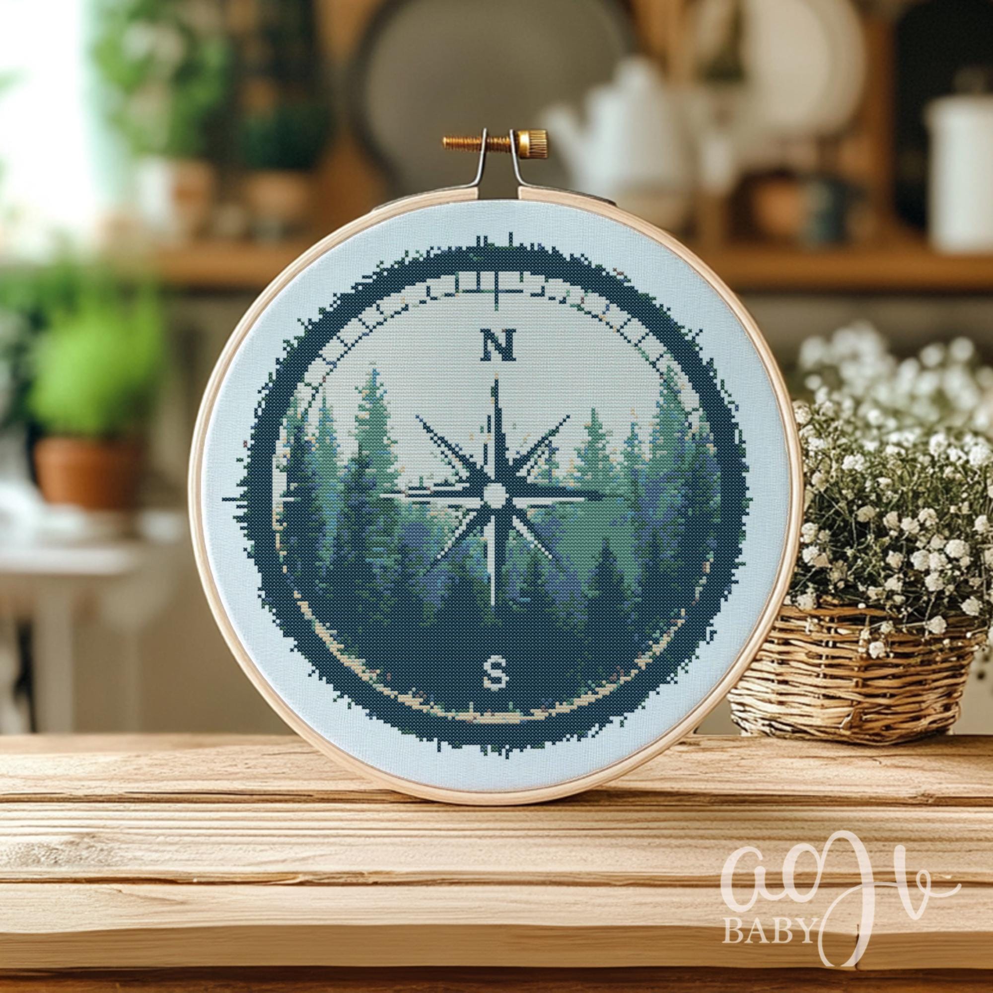 Forest Compass Cross Stitch Pattern, Compass Cross Stitch Hand ...