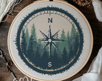 Forest Compass Cross Stitch Pattern, Compass Cross Stitch Hand Embroidery, Cross Stitch PDF Of Compass Travel, Cross Stitch PDF