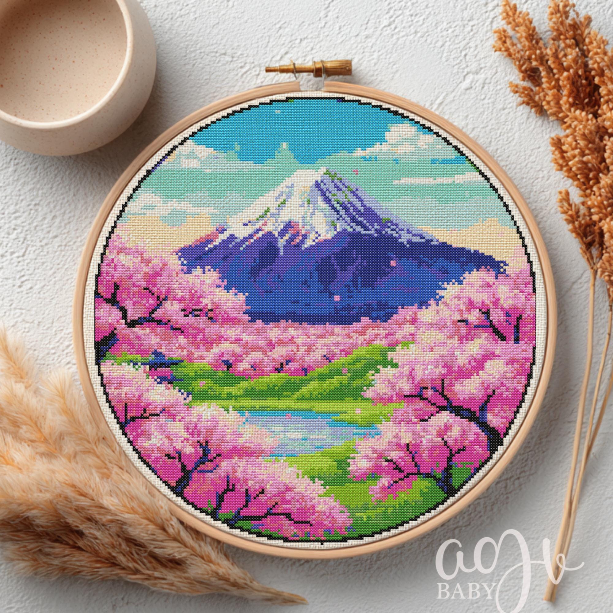 クロスステッチ完成品【富士山】 富士山クロスステッチ図案、日本の富士山クロスステッチ手刺繍、日本の