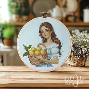 Cross Stitch Girl With Lemons, Lemons Cross Stitch Pattern, Fruits Cross Stitch PDF, Punto De Cruz, X-Stitch Kit, Cross Stitch Template PDF