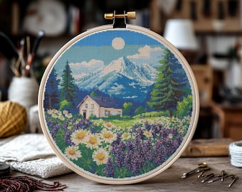 Lavender Garden Cross Stitch Pattern, Landscape Floral PDF (Digital Download)