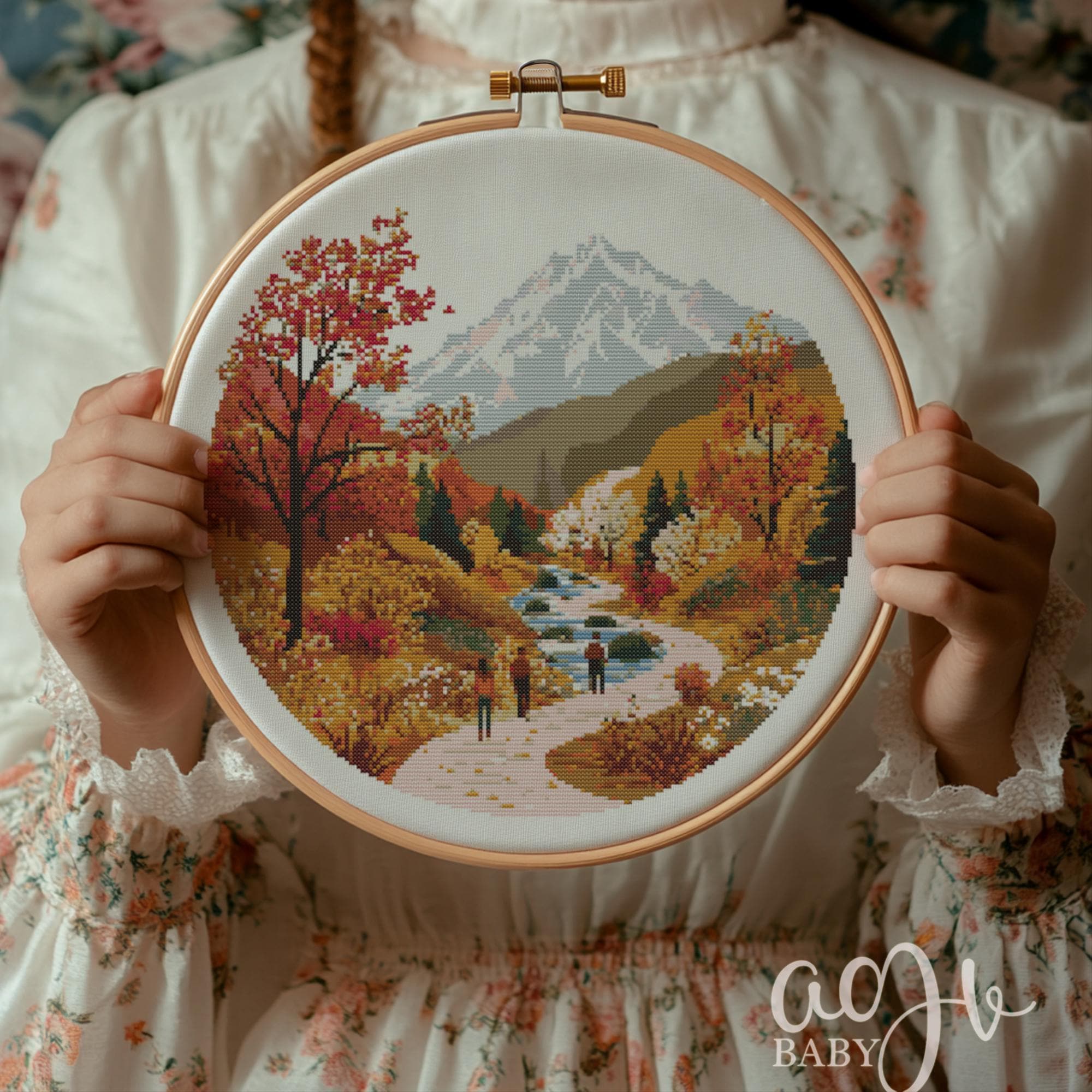Autumn Mountain Cross Stitch Pattern, Autumn on Village Cross