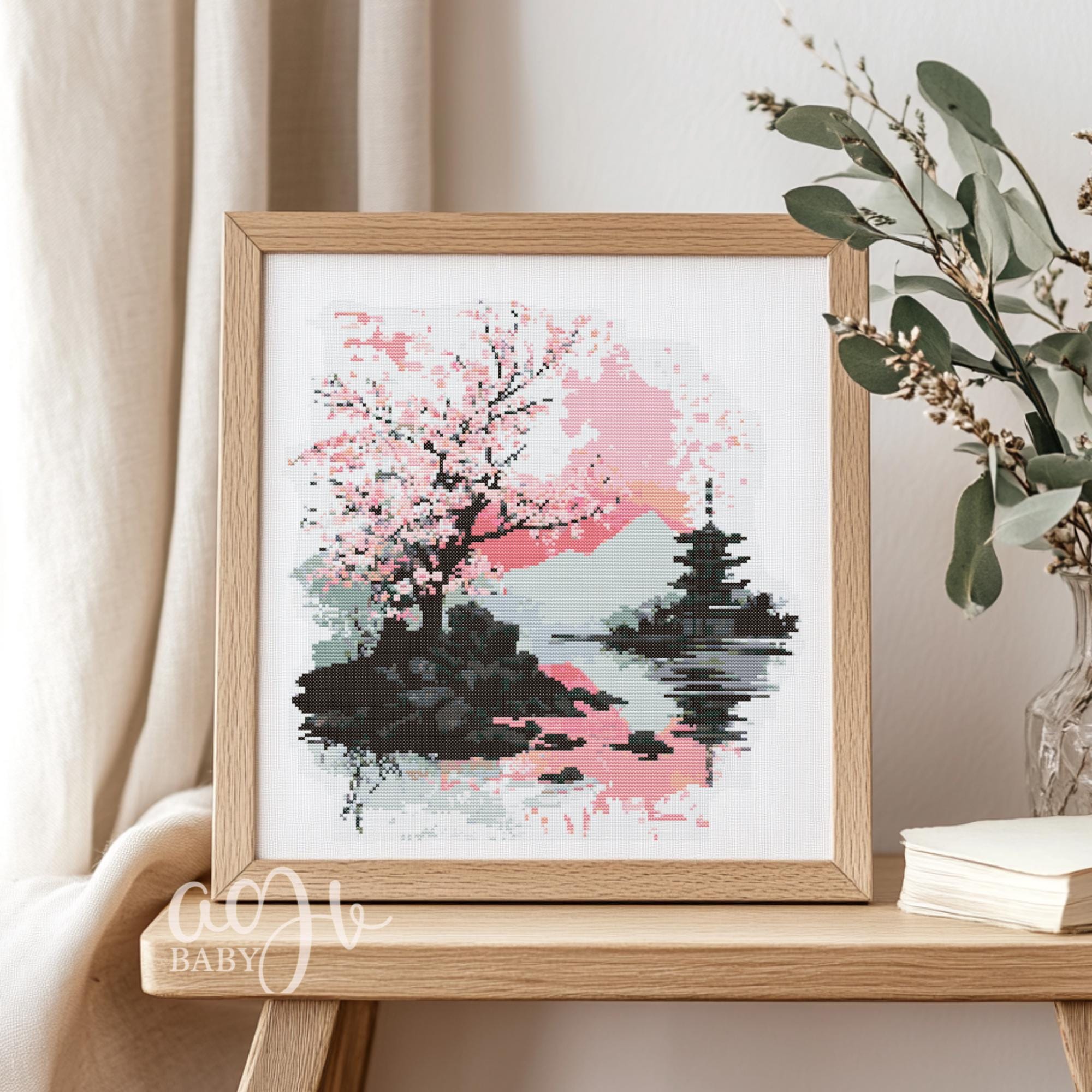 日本の風景のクロスステッチ図案、日本庭園のクロスステッチ手刺繍