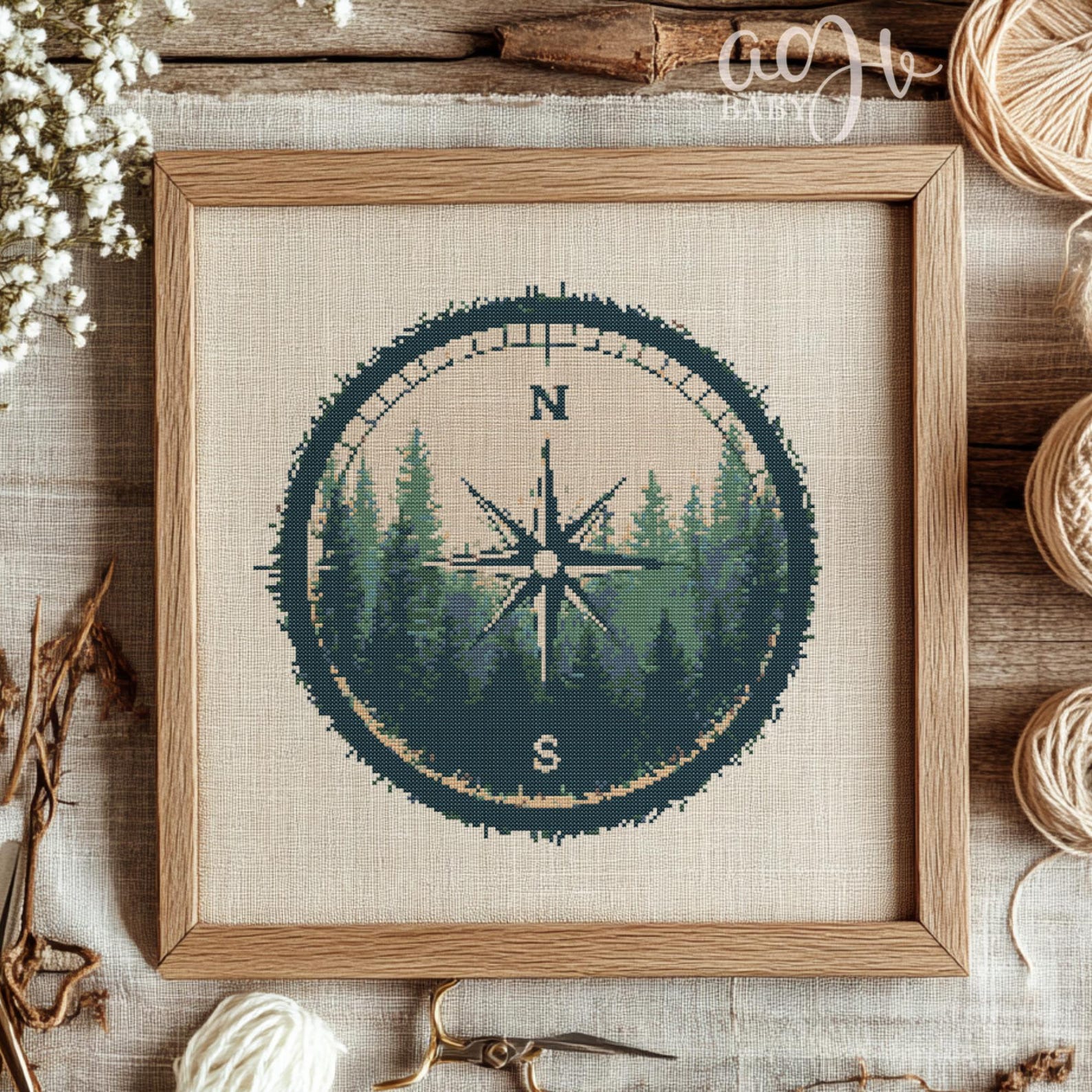 Forest Compass Cross Stitch Pattern, Compass Cross Stitch Hand ...