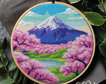 富士山クロスステッチ図案、日本の富士山クロスステッチ手刺繍、日本の