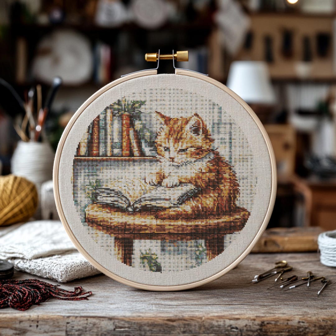 Cat Rading Book Cross Stitch Pattern Cat Cross Stitch PDF Cross