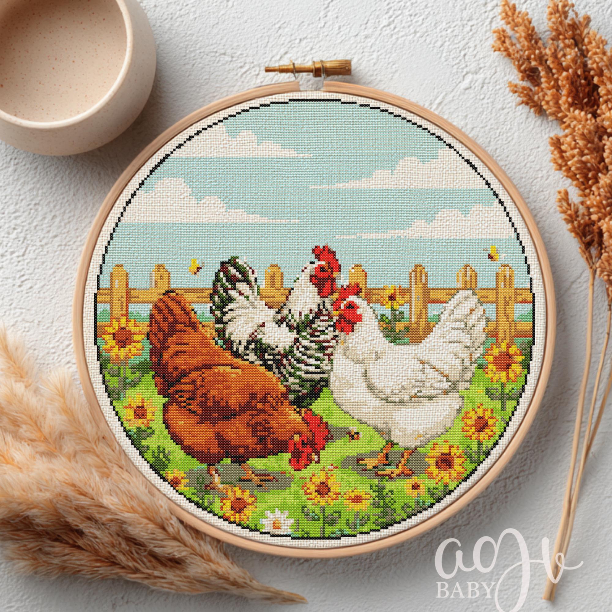 鶏のクロスステッチ図案、鶏のクロスステッチ手刺繍、鶏のクロス