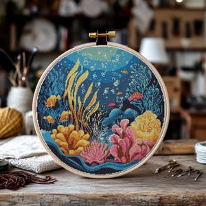 Könnte beinhalten: Ein Kreuzstich-Stickrahmen, der eine Unterwasser-Szene mit bunten Korallen, Algen und Fischen darstellt. Der Hintergrund ist dunkelblau mit Blasen.