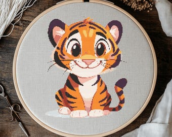 虎のクロスステッチパターン PDF の即時ダウンロード - 覗く虎の水彩画