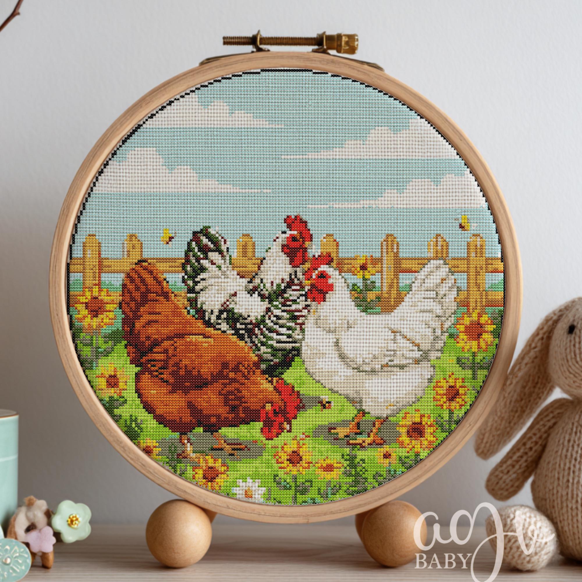 鶏のクロスステッチ図案、鶏のクロスステッチ手刺繍、鶏のクロス