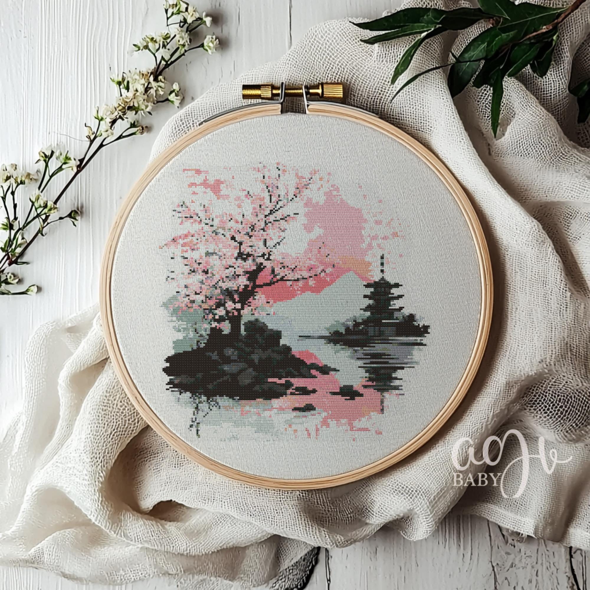 日本画　横22㎝、縦28.５㎝ Japanese Landscape Cross Stitch Pattern, Japanese Garden Cross
