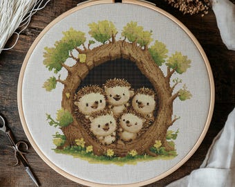 Hedgehog Cross Stitch Pattern, Cute Hedgehogs  Cross Stitch Hand Embroidery, Cross Stitch PDF Of Hedgehog Family On Tree, Cross Stitch PDF