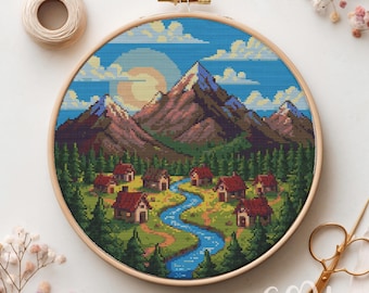 Mountain Village Cross Stitch Pattern, Village Cross Stitch Hand Embroidery, Cross Stitch Nature, Cross Stitch PDF, Home Decor