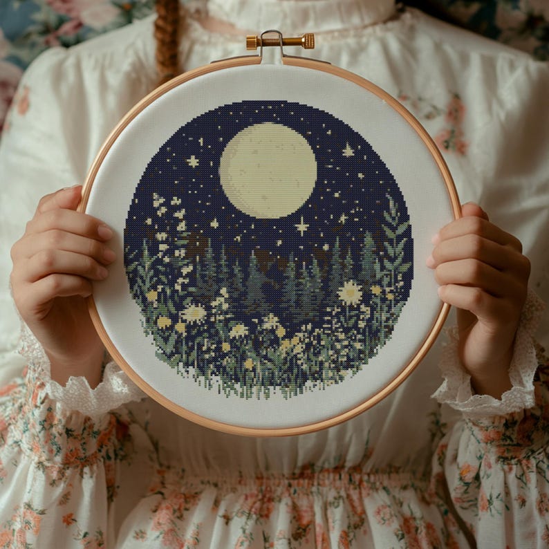 Night Forest Cross Stitch Pattern, Forest Moon Cross Stitch PDF, Cross Stitch Nature, Punto De Cruz, Point De Croix, XStitch Template
