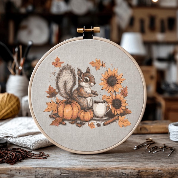 Eichhörnchen Kürbis Kreuzstich-Muster, Herbst Tier (PDF-Muster)