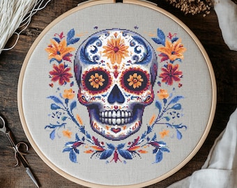 Floral Sugar Skull Cross Stitch Pattern, Gothic Embroidery (PDF), Home Decor, Wall Art