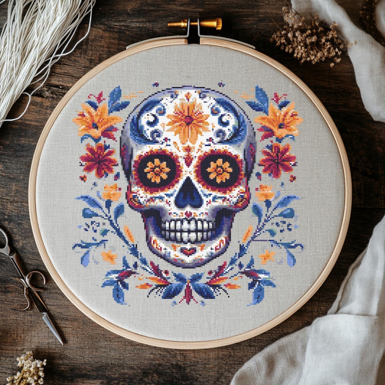 Floral Sugar Skull Cross Stitch Pattern, Gothic Embroidery (PDF), Home ...