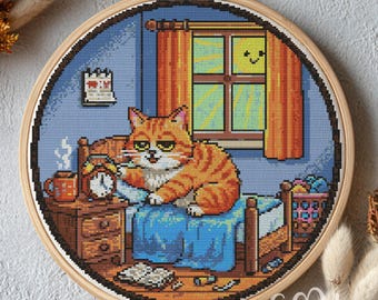 Montag Morgen Kreuzstich Muster, Faule Katze Kreuzstich Handstickerei, Kreuzstich lustige Katze, Kreuzstich PDF, Wohnkultur