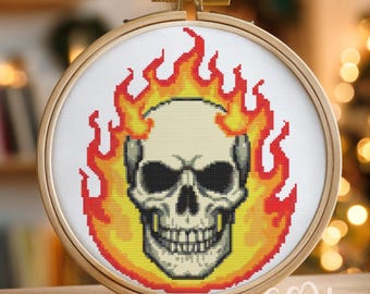 Skull On Fire Cross Stitch Pattern, Skull Hand Embroidery Design, Home Decor
