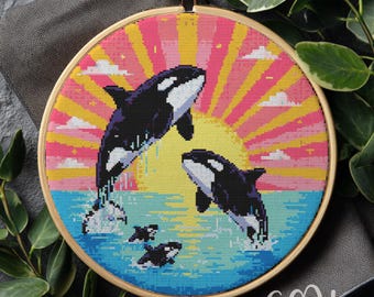 Family Orca Cross Stitch Pattern, Orca Cross Stitch Hand Embroidery, Cross Stitch Orca And Sunset, Cross Stitch Pattern PDF, Home Decor