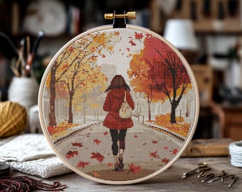 Walking Girl Cross Stitch Pattern, Autumn Girl Cross Stitch PDF, Fall Gift Idea