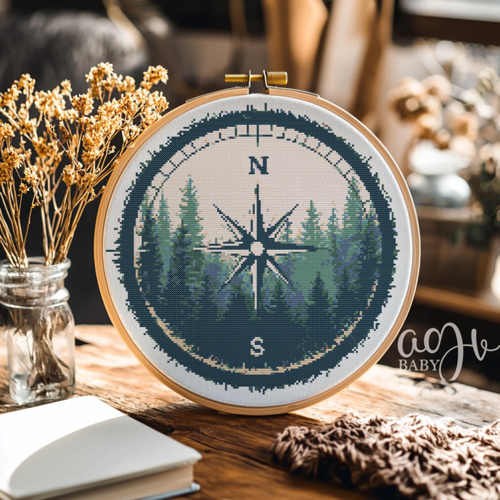 Forest Compass Cross Stitch Pattern, Compass Cross Stitch Hand ...