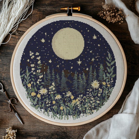 Night Forest Cross Stitch Pattern, Moon And Wildflowers Cross Stitch Hand Embroidery, Cross Stitch Floral Moon, Cross Stitch PDF, Handmade