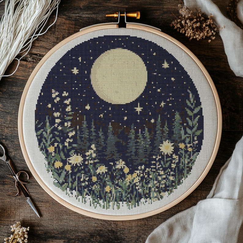 Night Forest Cross Stitch Pattern, Moon And Wildflowers Cross Stitch Hand Embroidery, Cross Stitch Floral Moon, Cross Stitch PDF, Handmade
