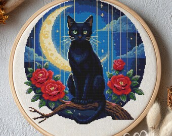 Black Cat With Moon And Red Rose Cross Stitch Pattern, Black Cat Cross Stitch Hand Embroidery, Cross Stitch Cat, Cross Stitch PDF,Home Decor