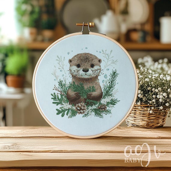 Cross Stitch Floral Otter, Otter Cross Stitch Pattern, Animal Cross Stitch PDF, Punto De Cruz, X-Stitch Kit, Cross Stitch Template PDF