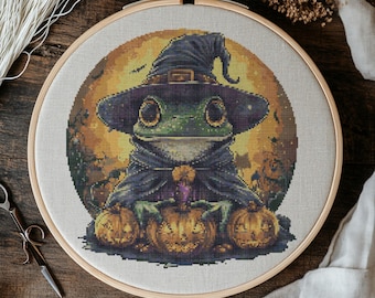 Halloween Frog Cross Stitch Pattern, Frogfolk PDF (Digital Download)