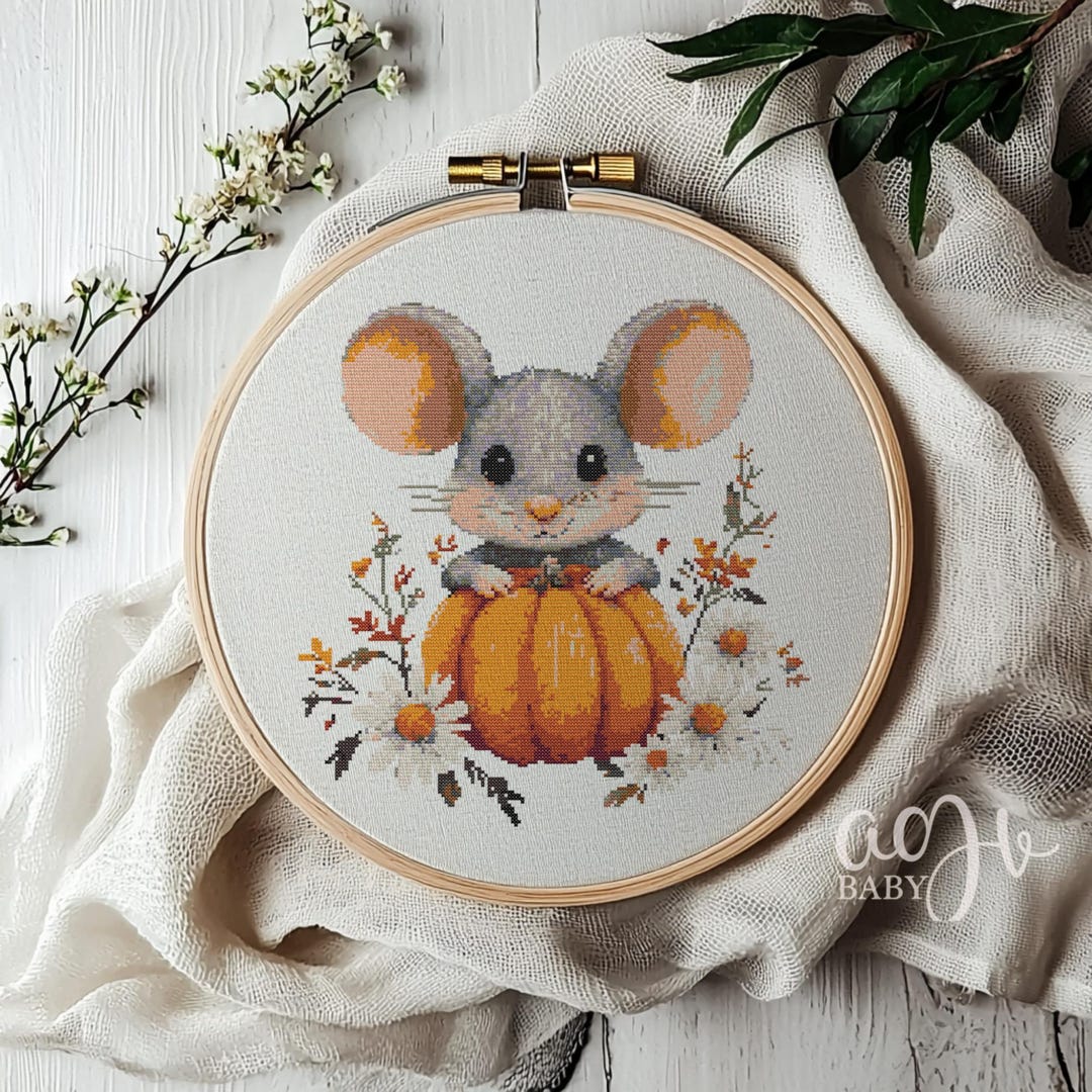 Cross Stitch Mouse Animal, Tree Autumn Mouse Cross Stitch Pattern ...