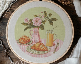 クロワッサン クロスステッチ 図案、クロワッサン クロスステッチ 手刺繍、コーヒー クロスステッチ PDF 図案、クロスステッチ テンプレート