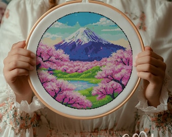 富士山クロスステッチ図案、日本の富士山クロスステッチ手刺繍、日本の