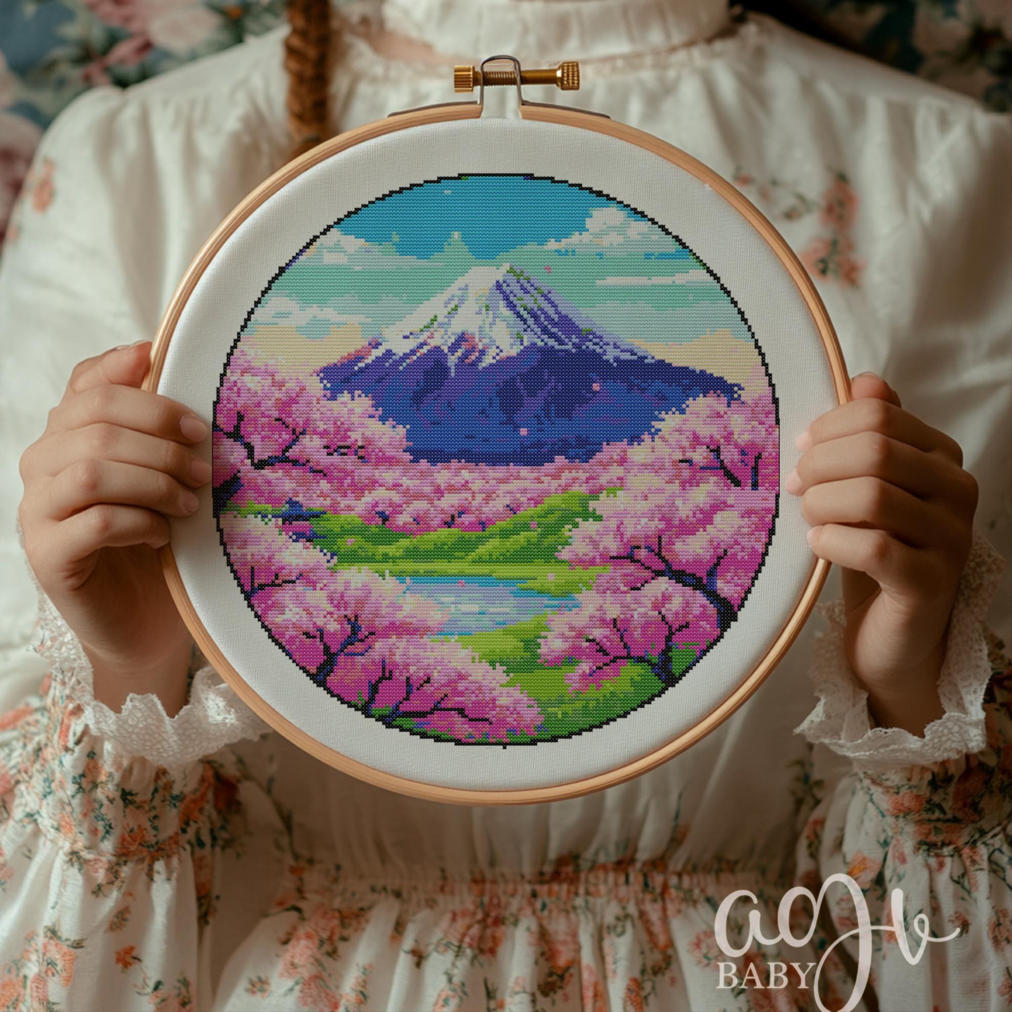 富士山クロスステッチ図案、日本の富士山クロスステッチ手刺繍、日本の