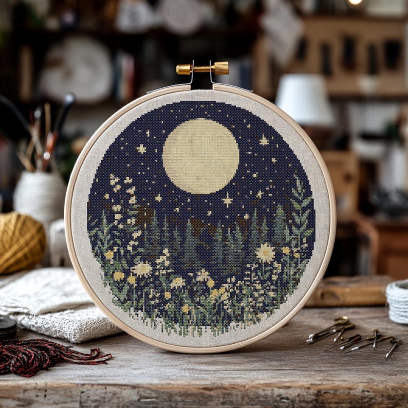 May include: Cross stitch embroidery hoop with a design of a full moon, stars, and a forest with flowers in shades of green, yellow, and white on a dark blue background.