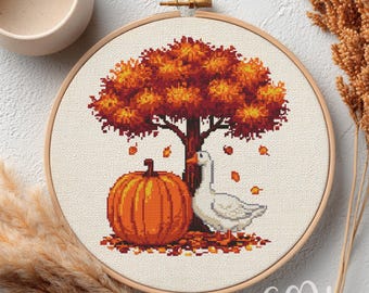 Autumn And Goose Cross Stitch Pattern, Coquette Cross Stitch Hand Embroidery, Cross Stitch Autumn Duck, Cross Stitch PDF, Home Decor