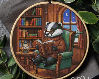 Badger Reading Book Cross Stitch Pattern, Badger Cross Stitch Hand Embroidery, Cross Stitch Reading Badger, Cross Stitch PDF, Home Decor
