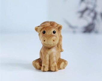 Wood Carving Cute Horse, Handmade Wooden Animal Ornaments, Wood Craving Horse, Natural Wooden Sculpture, Wooden Horse Statue, Wood Miniature