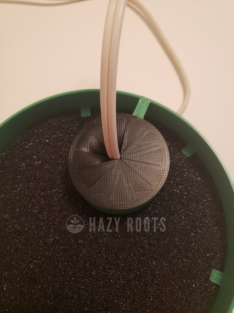 May include: A close-up of a green hydroponic growing system with a black foam base and a white cord running through a black plastic ring. The ring has a circular, patterned design and the text "HAZY ROOTS" is visible on the foam.